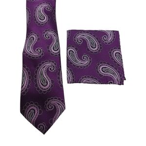 2 Piece Set Mens Paisley Tie & Pocket Square Business Purple Formal 59" Elegant